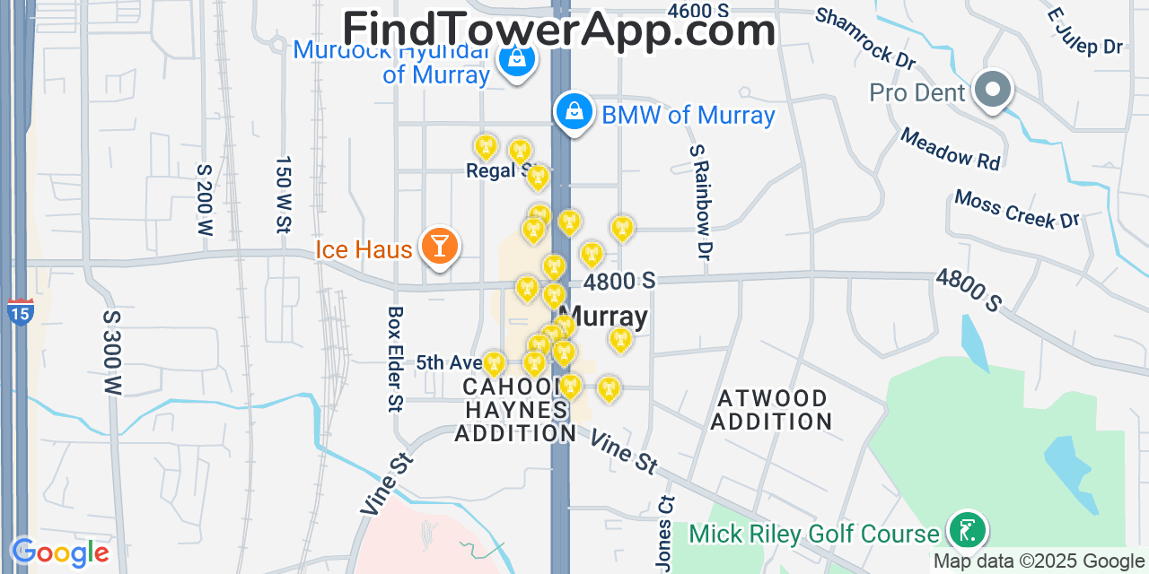 Map showing the 20 primary cell tower locations detected in Murray, Utah from AT&T, Verizon, and T-Mobile networks