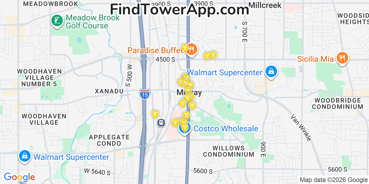 Map showing the 20 primary cell tower locations detected in Murray, Utah from AT&T, Verizon, and T-Mobile networks