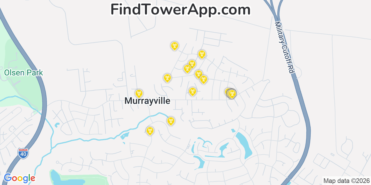 Map showing the 20 primary cell tower locations detected in Murraysville, North Carolina from AT&T, Verizon, and T-Mobile networks