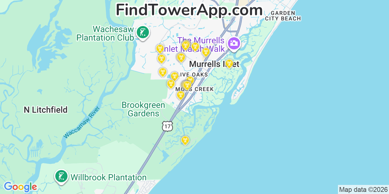 Map showing the 20 primary cell tower locations detected in Murrells Inlet, South Carolina from AT&T, Verizon, and T-Mobile networks