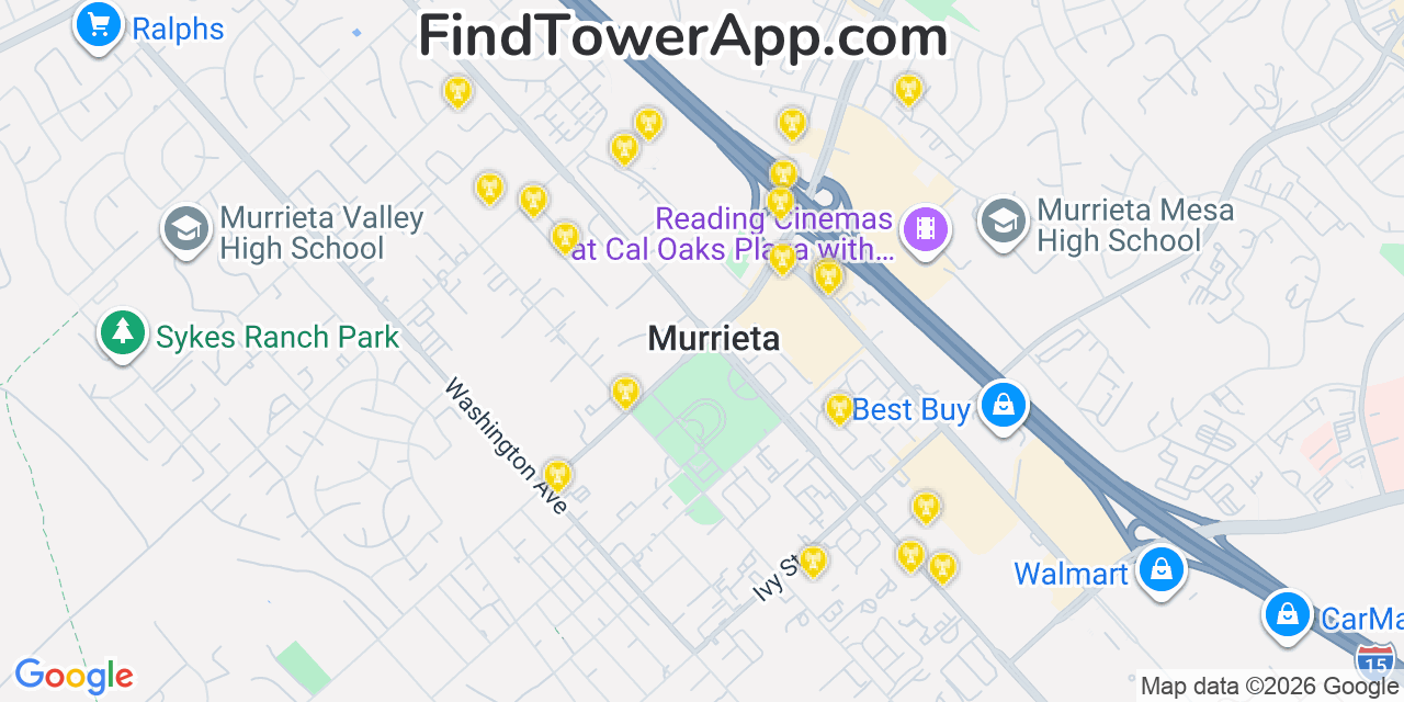 Map showing the 20 primary cell tower locations detected in Murrieta, California from AT&T, Verizon, and T-Mobile networks