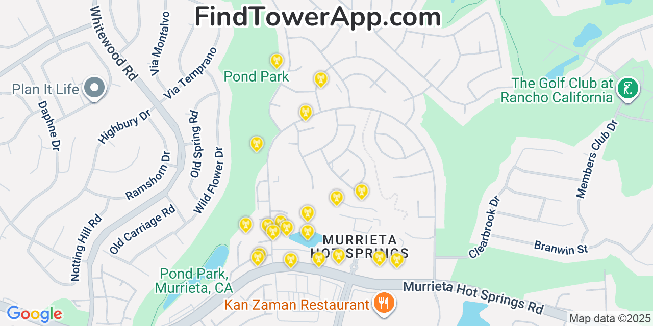 Map showing the 20 primary cell tower locations detected in Murrieta Hot Springs, California from AT&T, Verizon, and T-Mobile networks