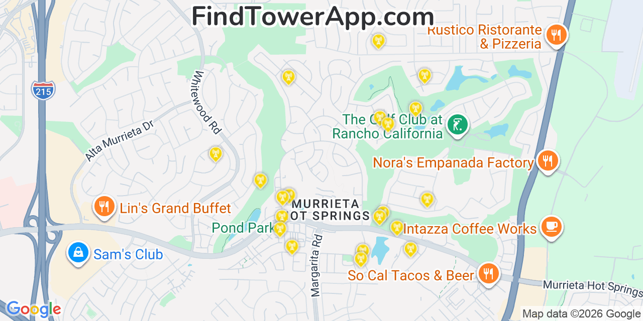 Map showing the 20 primary cell tower locations detected in Murrieta Hot Springs, California from AT&T, Verizon, and T-Mobile networks