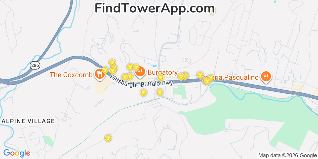 Map showing the 20 primary cell tower locations detected in Murrysville, Pennsylvania from AT&T, Verizon, and T-Mobile networks