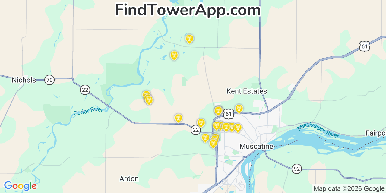 Map showing the 20 primary cell tower locations detected in Muscatine, Iowa from AT&T, Verizon, and T-Mobile networks
