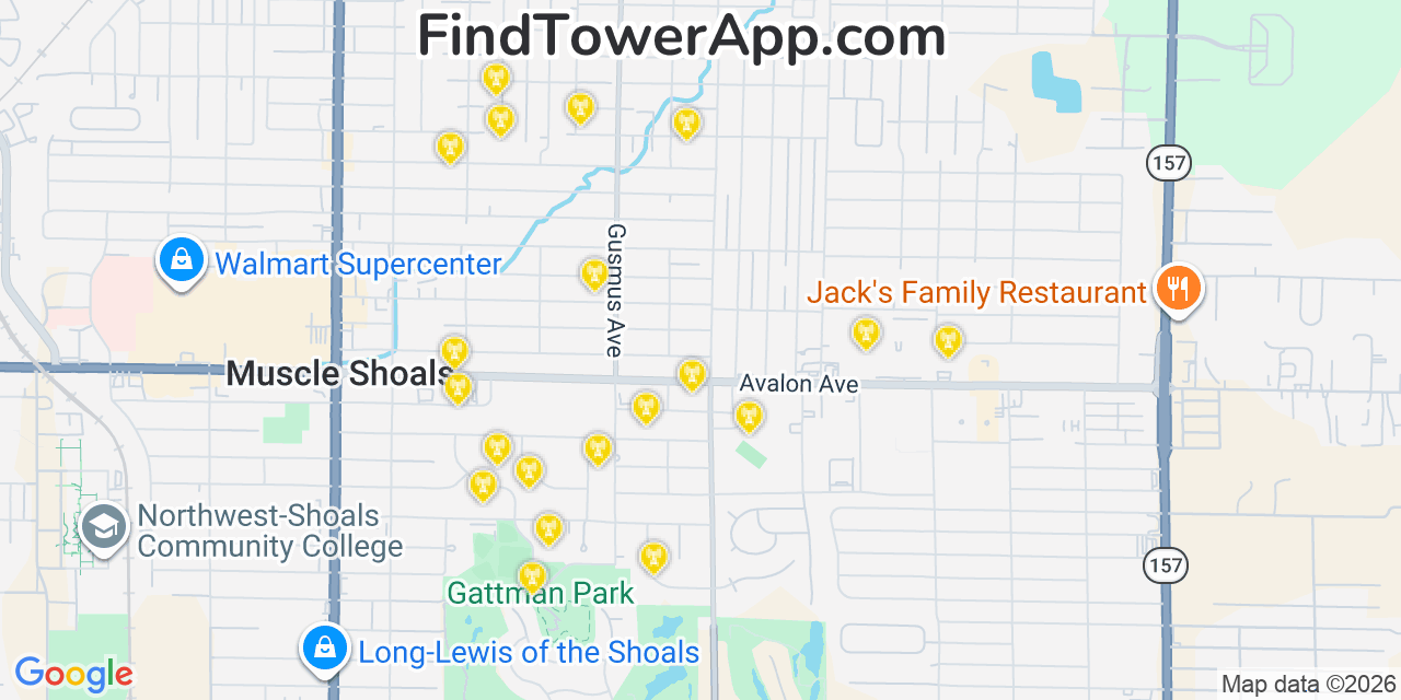 Map showing the 20 primary cell tower locations detected in Muscle Shoals, Alabama from AT&T, Verizon, and T-Mobile networks