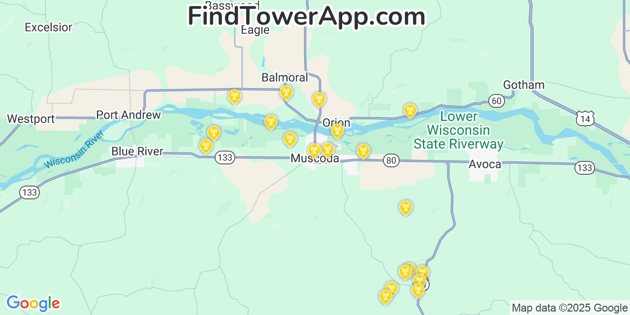 Map showing the 20 primary cell tower locations detected in Muscoda, Wisconsin from AT&T, Verizon, and T-Mobile networks
