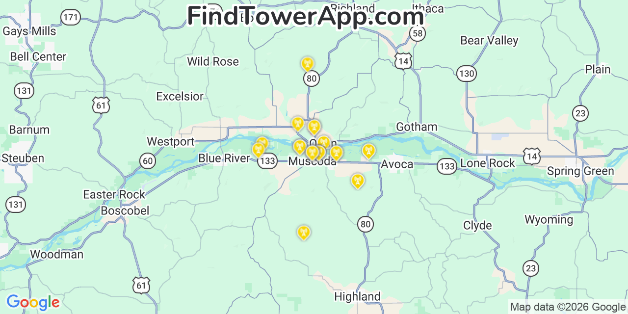 Map showing the 20 primary cell tower locations detected in Muscoda, Wisconsin from AT&T, Verizon, and T-Mobile networks