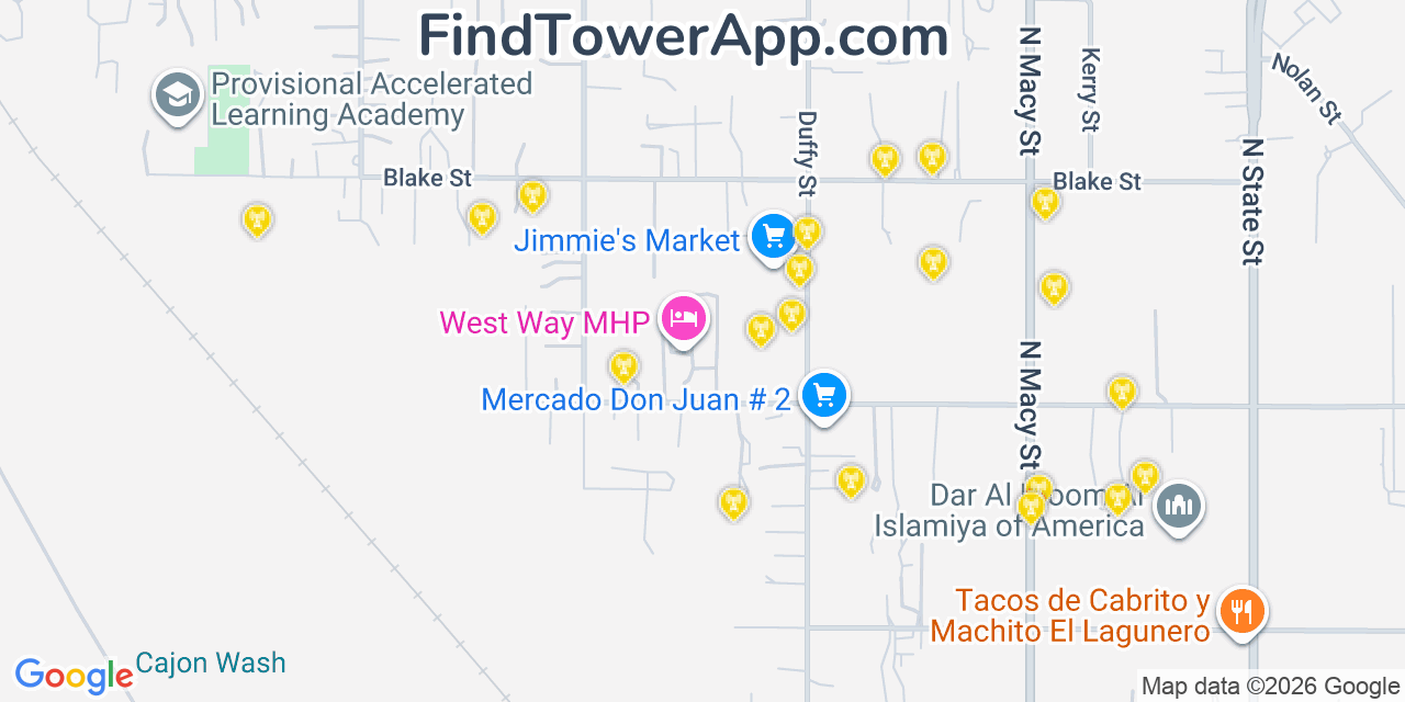 Map showing the 20 primary cell tower locations detected in Muscoy, California from AT&T, Verizon, and T-Mobile networks