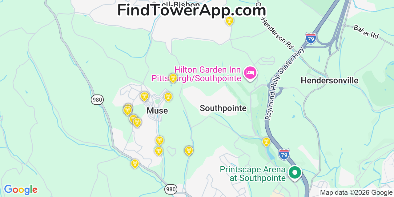 Map showing the 20 primary cell tower locations detected in Muse, Pennsylvania from AT&T, Verizon, and T-Mobile networks
