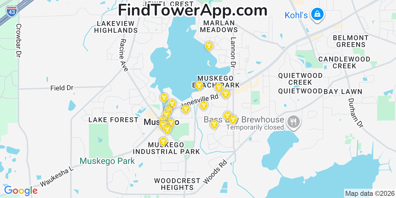 Map showing the 20 primary cell tower locations detected in Muskego, Wisconsin from AT&T, Verizon, and T-Mobile networks