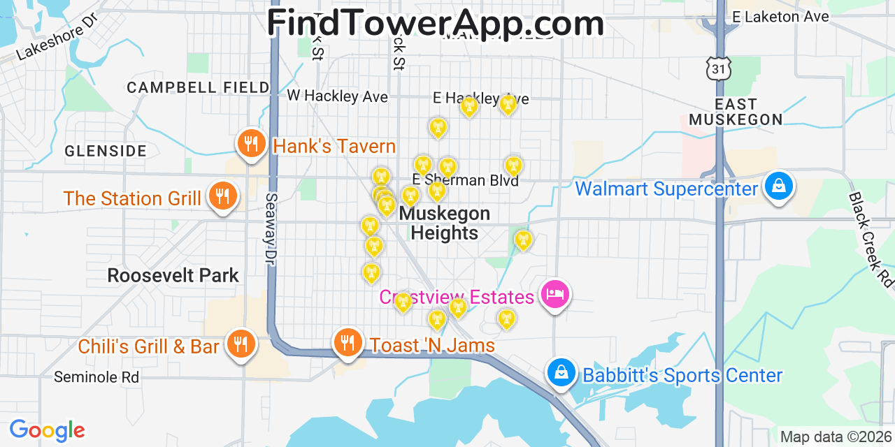 Map showing the 20 primary cell tower locations detected in Muskegon Heights, Michigan from AT&T, Verizon, and T-Mobile networks
