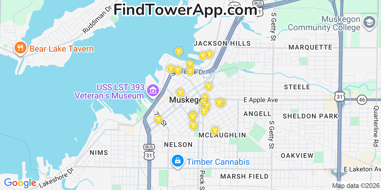 Map showing the 20 primary cell tower locations detected in Muskegon, Michigan from AT&T, Verizon, and T-Mobile networks