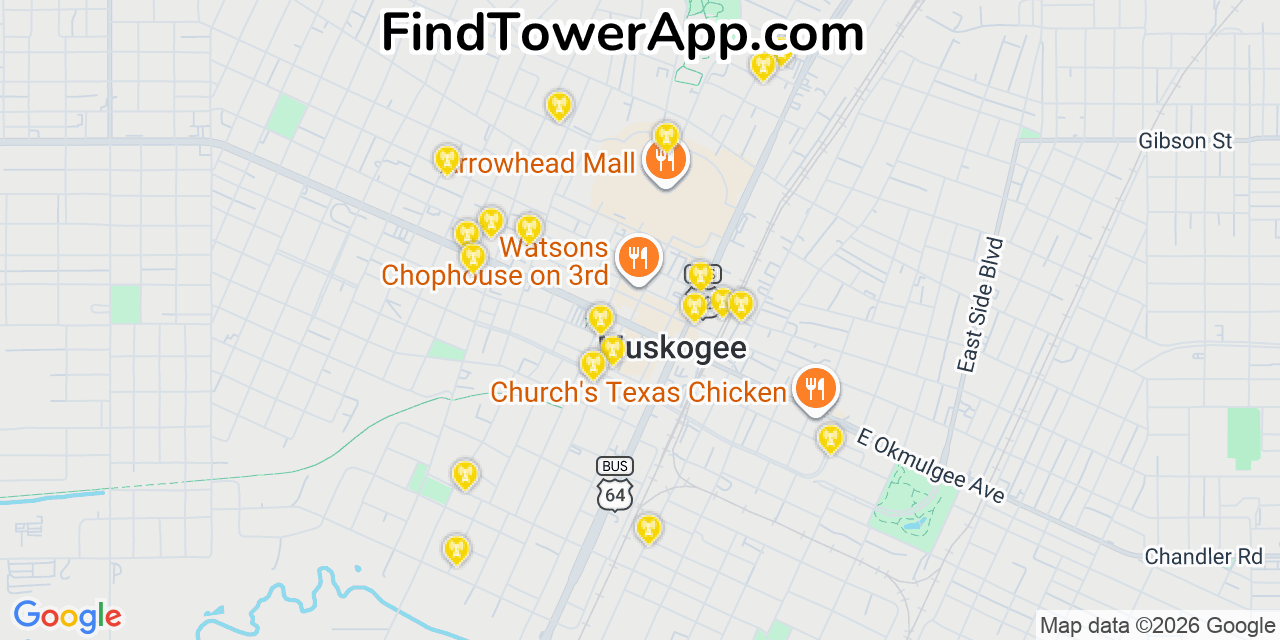 Map showing the 20 primary cell tower locations detected in Muskogee, Oklahoma from AT&T, Verizon, and T-Mobile networks