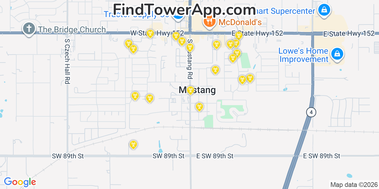Map showing the 20 primary cell tower locations detected in Mustang, Oklahoma from AT&T, Verizon, and T-Mobile networks