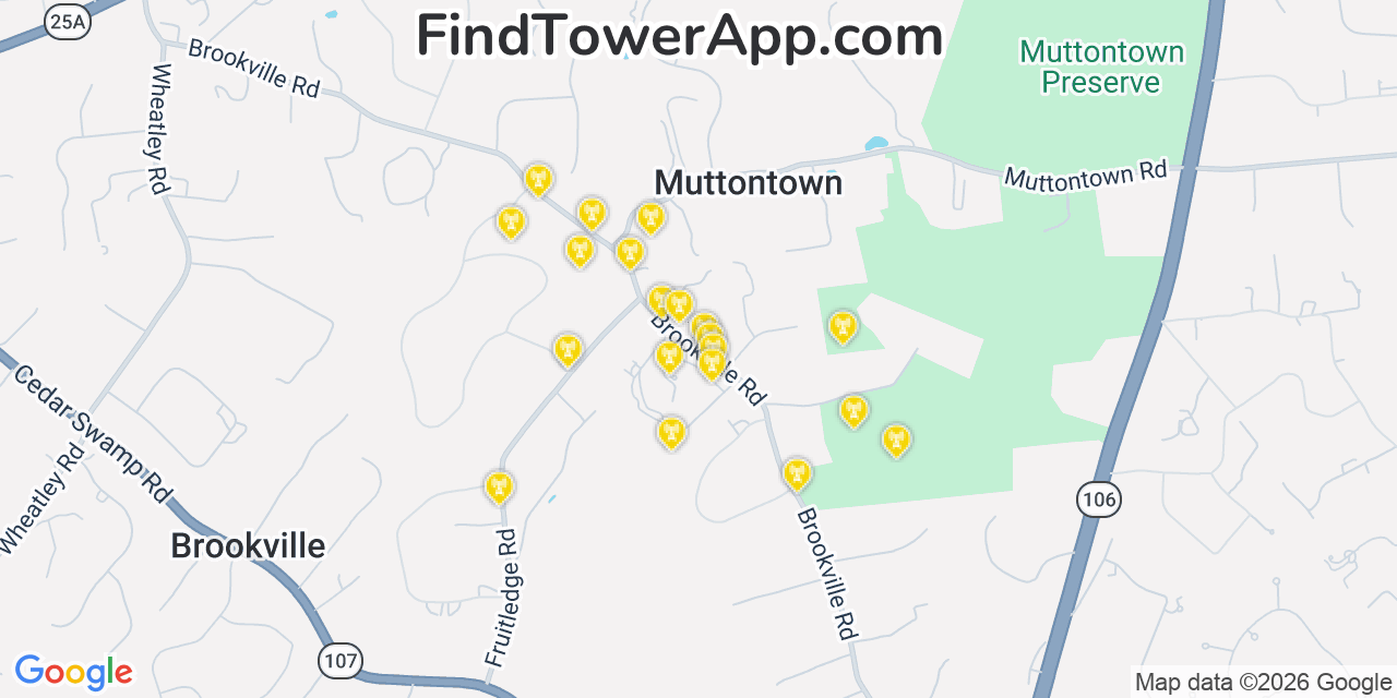 Map showing the 20 primary cell tower locations detected in Muttontown, New York from AT&T, Verizon, and T-Mobile networks