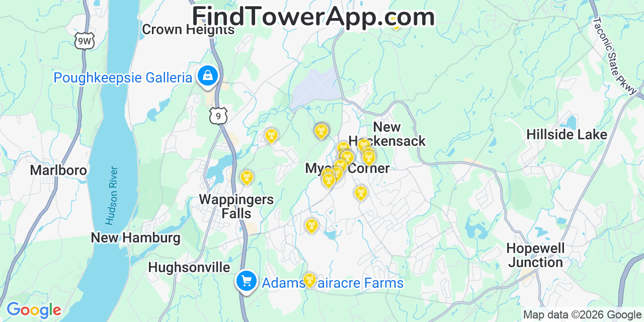 Map showing the 20 primary cell tower locations detected in Myers Corner, New York from AT&T, Verizon, and T-Mobile networks