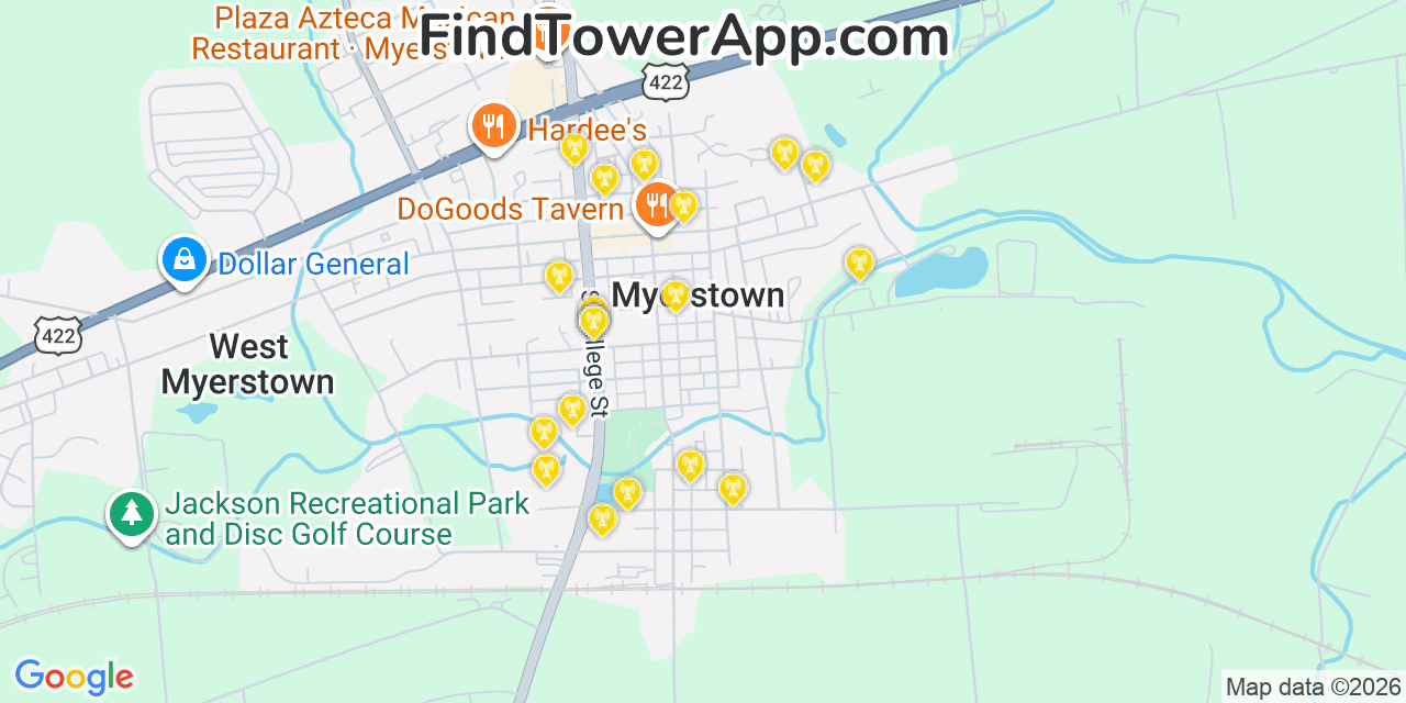 Map showing the 20 primary cell tower locations detected in Myerstown, Pennsylvania from AT&T, Verizon, and T-Mobile networks