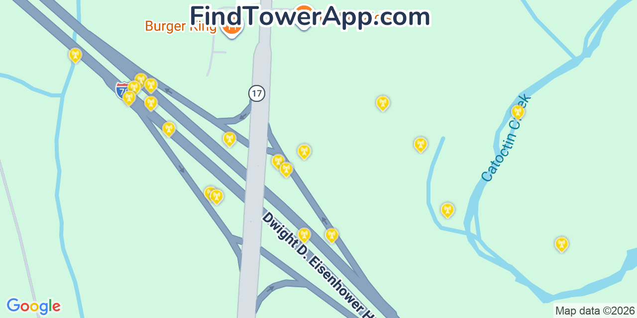 Map showing the 20 primary cell tower locations detected in Myersville, Maryland from AT&T, Verizon, and T-Mobile networks