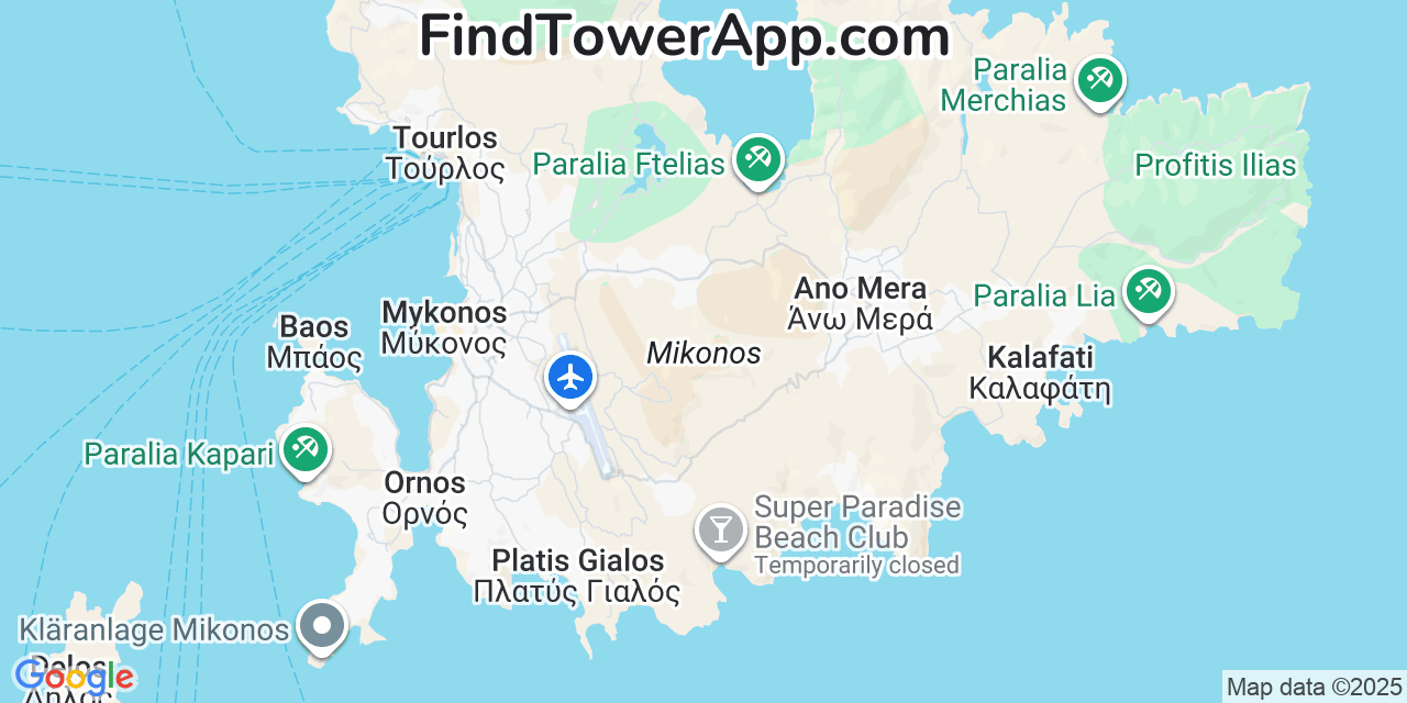 Map showing the 0 primary Wind cell tower locations detected in Mykonos, Greece with coverage radius and signal strength indicators