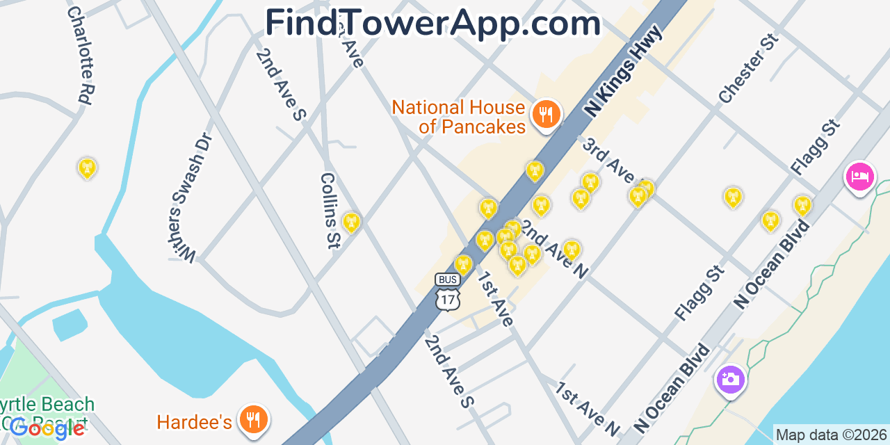 Map showing the 20 primary cell tower locations detected in Myrtle Beach, South Carolina from AT&T, Verizon, and T-Mobile networks