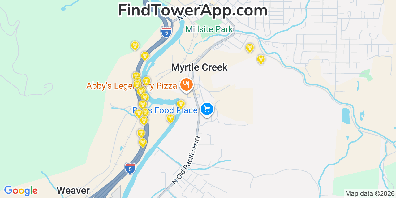 Map showing the 20 primary cell tower locations detected in Myrtle Creek, Oregon from AT&T, Verizon, and T-Mobile networks