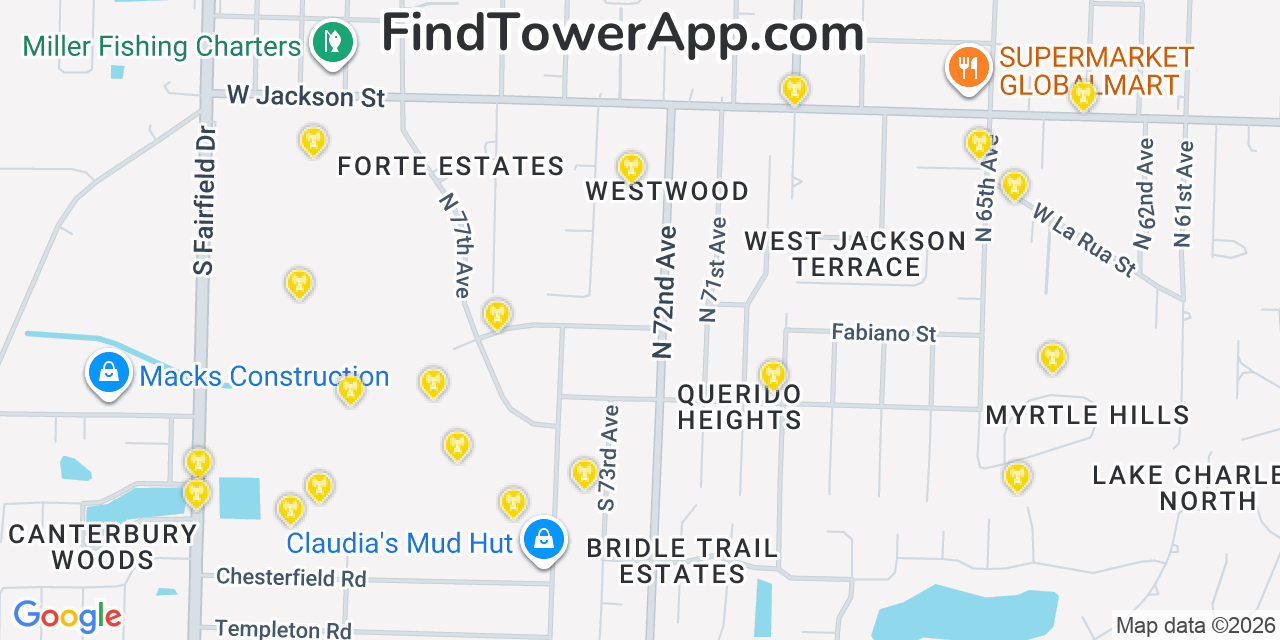 Map showing the 20 primary cell tower locations detected in Myrtle Grove, Florida from AT&T, Verizon, and T-Mobile networks