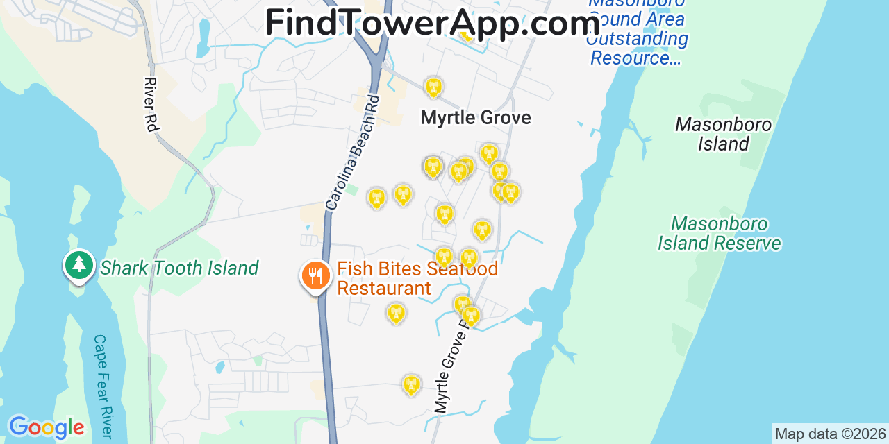Map showing the 20 primary cell tower locations detected in Myrtle Grove, North Carolina from AT&T, Verizon, and T-Mobile networks