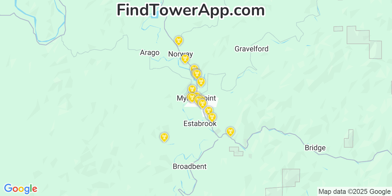 Map showing the 20 primary cell tower locations detected in Myrtle Point, Oregon from AT&T, Verizon, and T-Mobile networks
