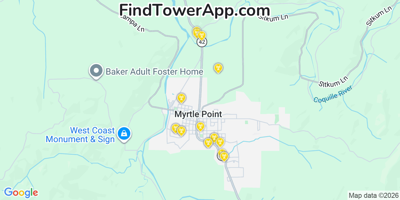 Map showing the 20 primary cell tower locations detected in Myrtle Point, Oregon from AT&T, Verizon, and T-Mobile networks