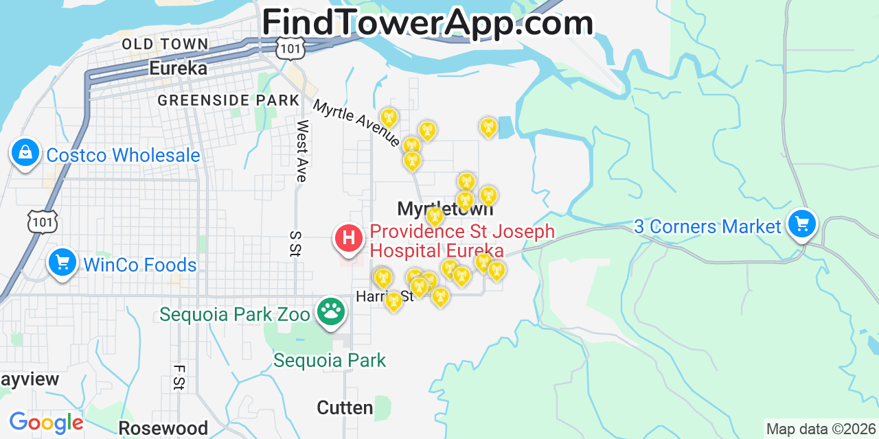 Map showing the 20 primary cell tower locations detected in Myrtletown, California from AT&T, Verizon, and T-Mobile networks