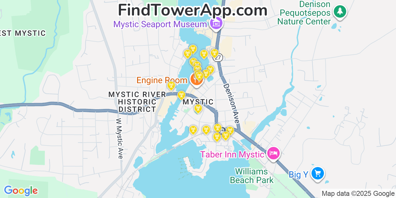 Map showing the 20 primary cell tower locations detected in Mystic, Connecticut from AT&T, Verizon, and T-Mobile networks