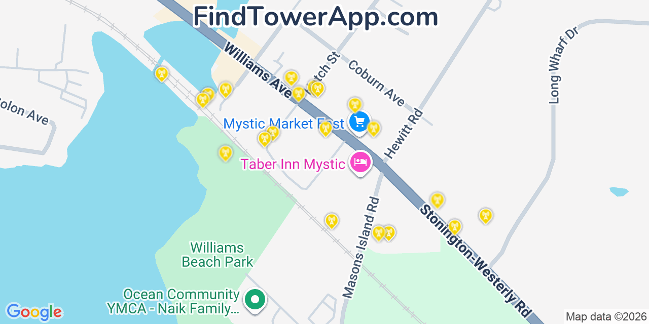 Map showing the 20 primary cell tower locations detected in Mystic, Connecticut from AT&T, Verizon, and T-Mobile networks