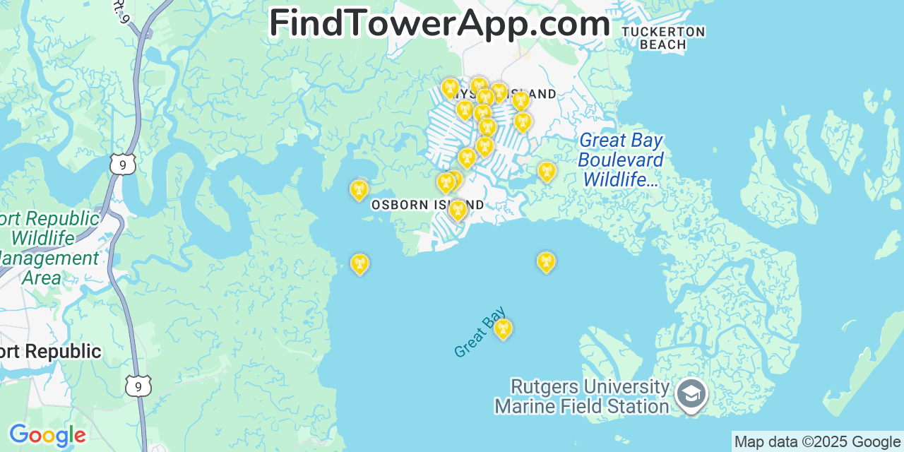 Map showing the 20 primary cell tower locations detected in Mystic Island, New Jersey from AT&T, Verizon, and T-Mobile networks