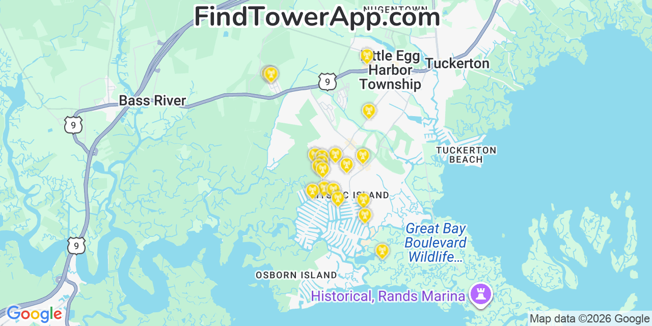 Map showing the 20 primary cell tower locations detected in Mystic Island, New Jersey from AT&T, Verizon, and T-Mobile networks