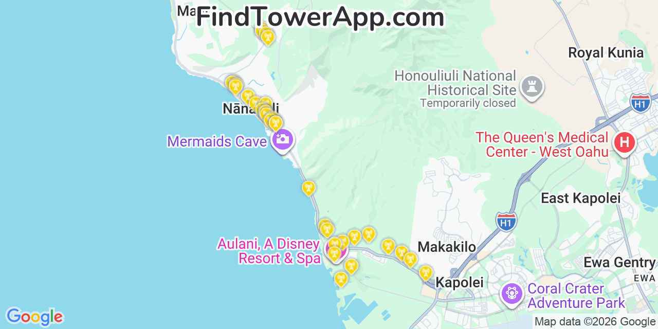 Map showing the 33 primary AT&T cell tower locations detected in NäNäKuli, Hawaii with coverage radius and signal strength indicators