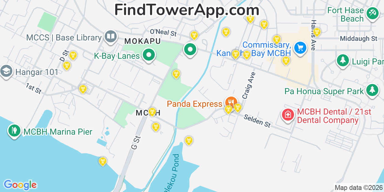 Map showing the 20 primary cell tower locations detected in Nä Nä Kuli, Hawaii from AT&T, Verizon, and T-Mobile networks