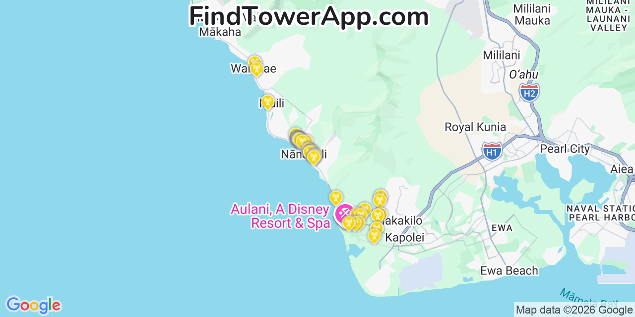 Map showing the 36 primary T-Mobile cell tower locations detected in NäNäKuli, Hawaii with coverage radius and signal strength indicators