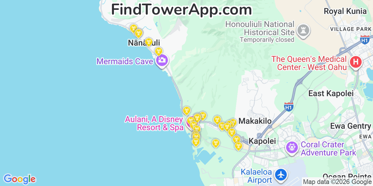 Map showing the 25 primary Verizon cell tower locations detected in NäNäKuli, Hawaii with coverage radius and signal strength indicators