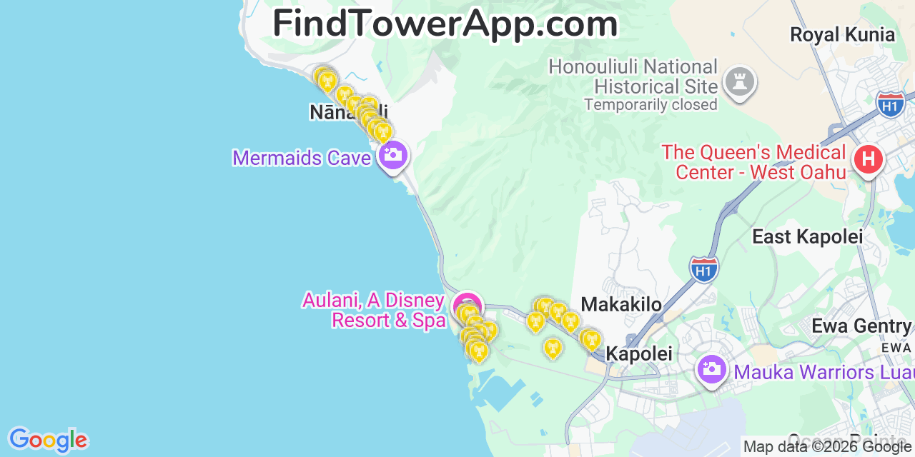 Map showing the 33 primary AT&T cell tower locations detected in NäNäKuli, Hawaii with coverage radius and signal strength indicators