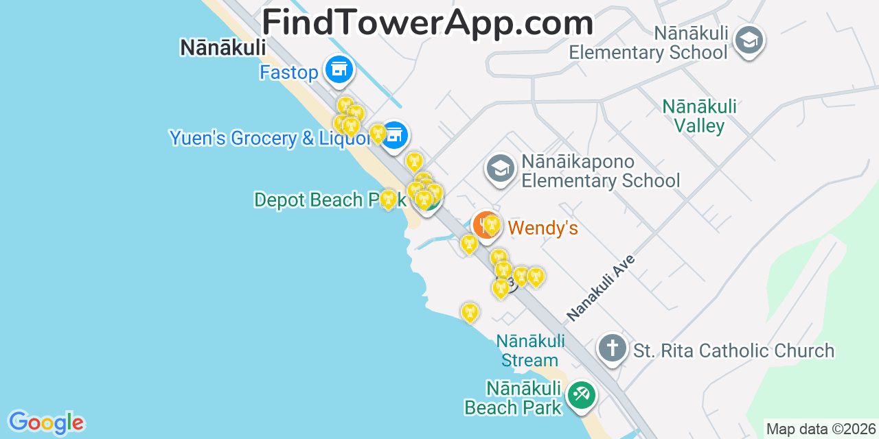 Map showing the 20 primary cell tower locations detected in NäNäKuli, Hawaii from AT&T, Verizon, and T-Mobile networks
