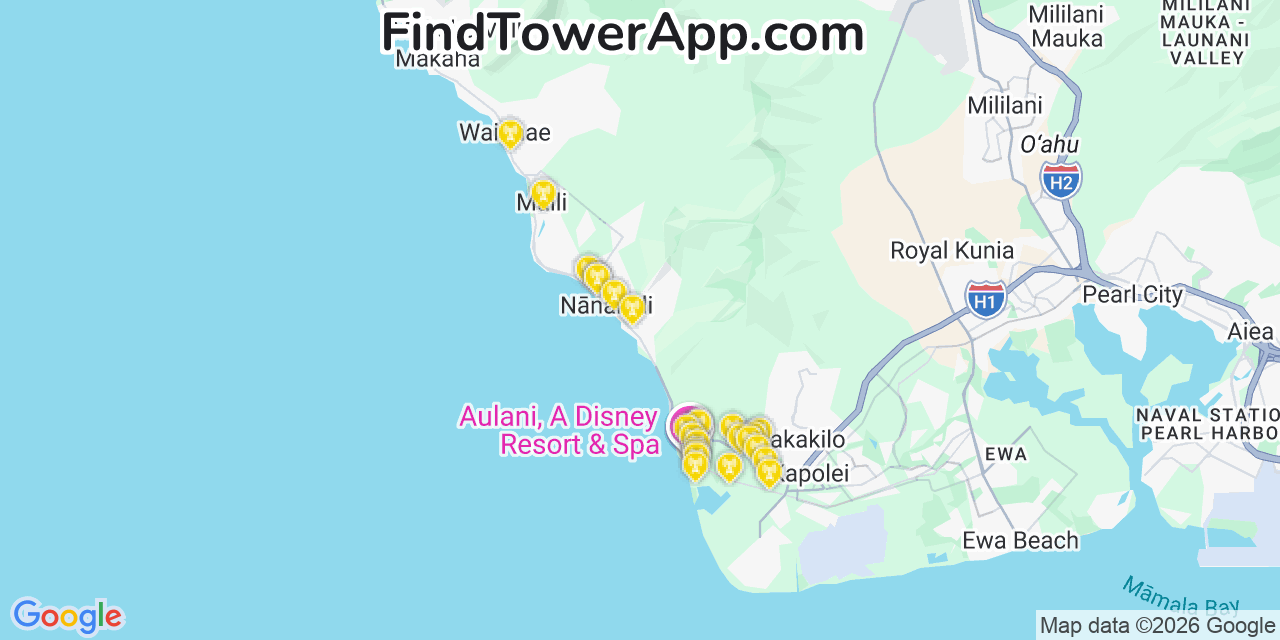 Map showing the 25 primary Verizon cell tower locations detected in NäNäKuli, Hawaii with coverage radius and signal strength indicators