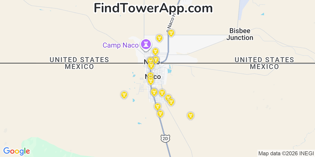 Map showing the 20 primary cell tower locations detected in Naco, Arizona from AT&T, Verizon, and T-Mobile networks