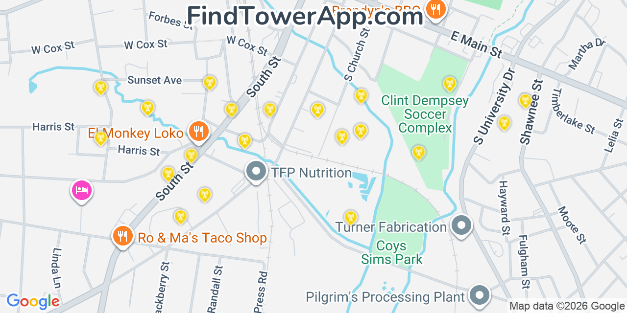 Map showing the 20 primary cell tower locations detected in Nacogdoches, Texas from AT&T, Verizon, and T-Mobile networks