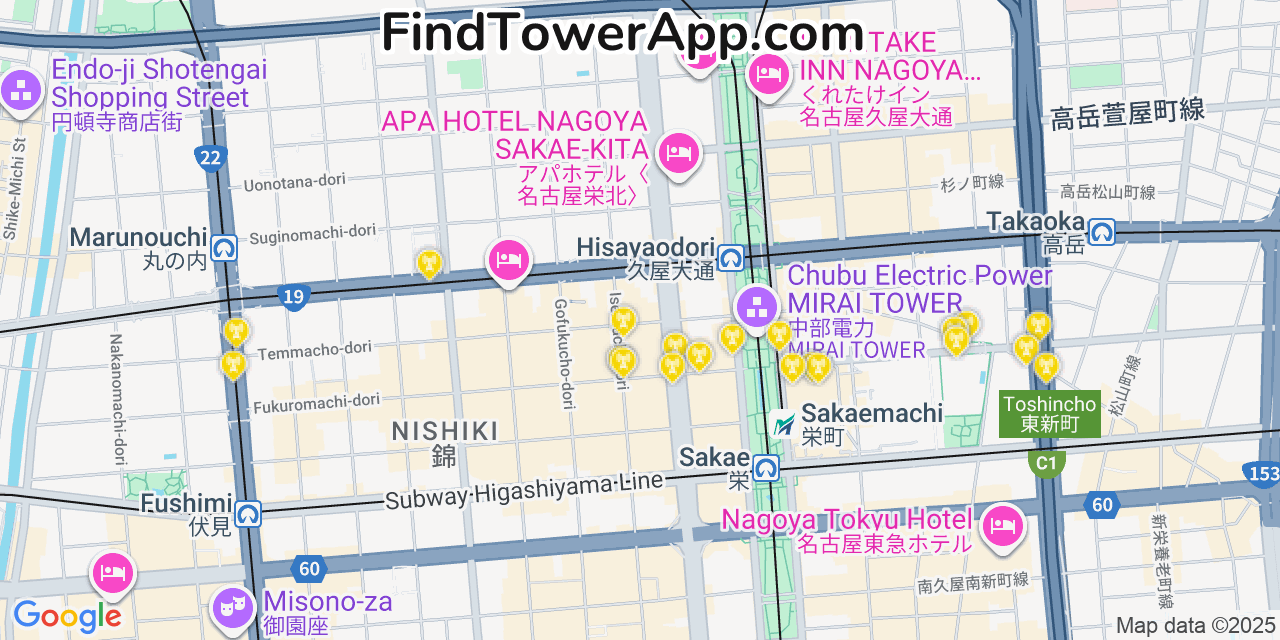 Map showing the 20 primary cell tower locations detected in Nagoya, Japan with coverage areas and signal strength