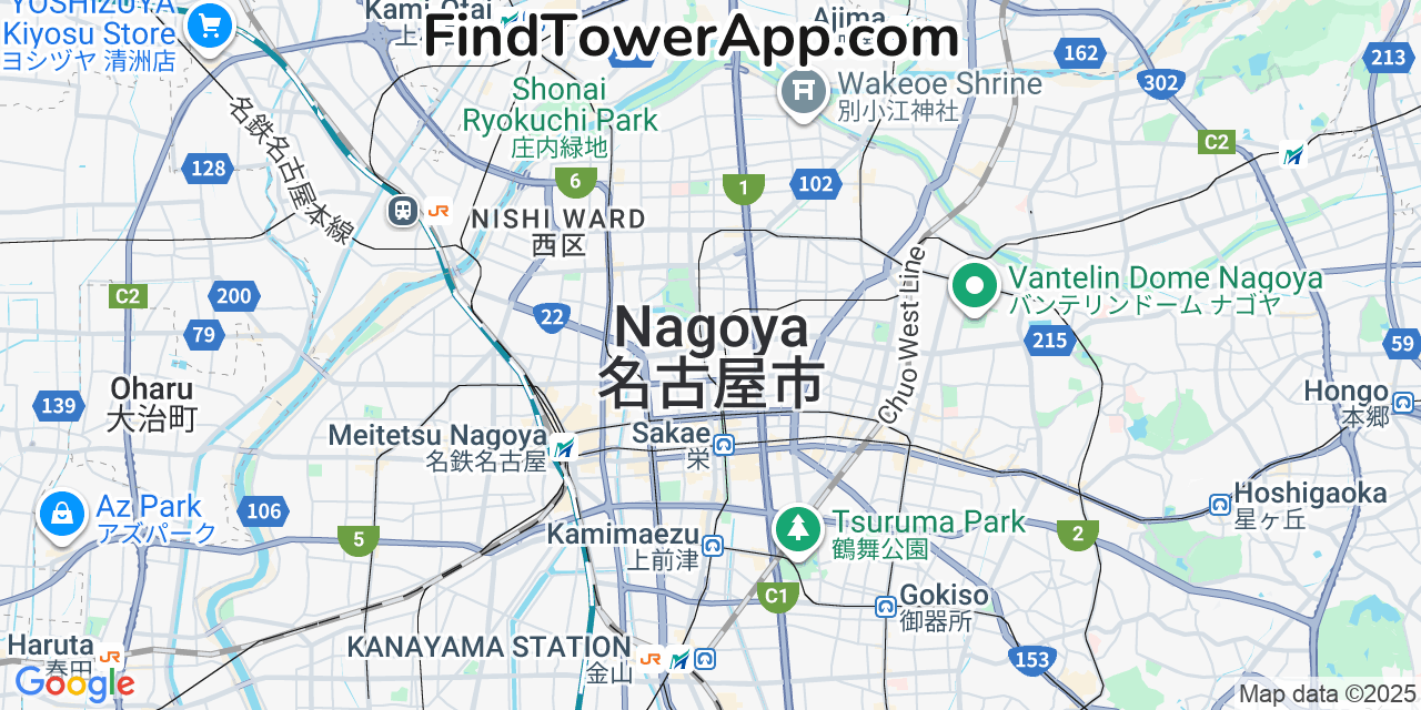 Map showing the 0 primary Y!mobile cell tower locations detected in Nagoya, Japan with coverage radius and signal strength indicators