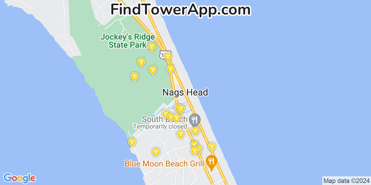 AT&T 4G/5G cell tower coverage map Nags Head, North Carolina