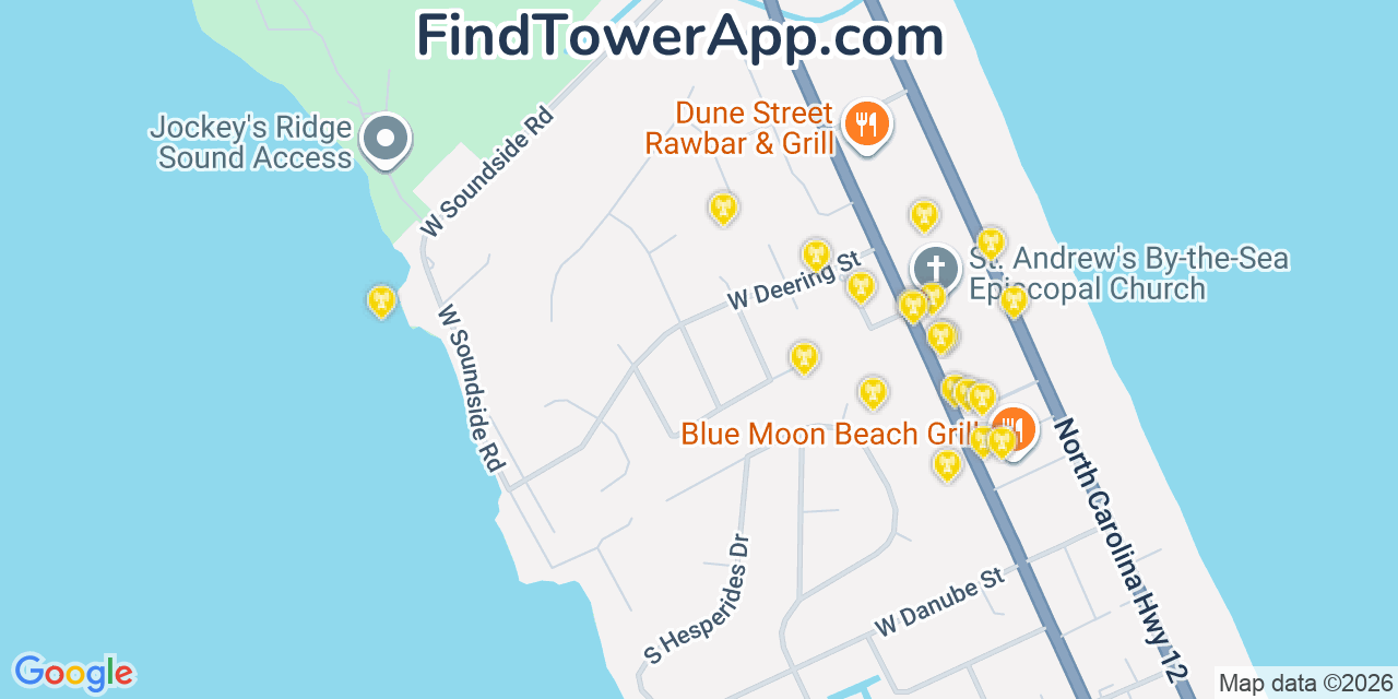 Map showing the 20 primary cell tower locations detected in Nags Head, North Carolina from AT&T, Verizon, and T-Mobile networks
