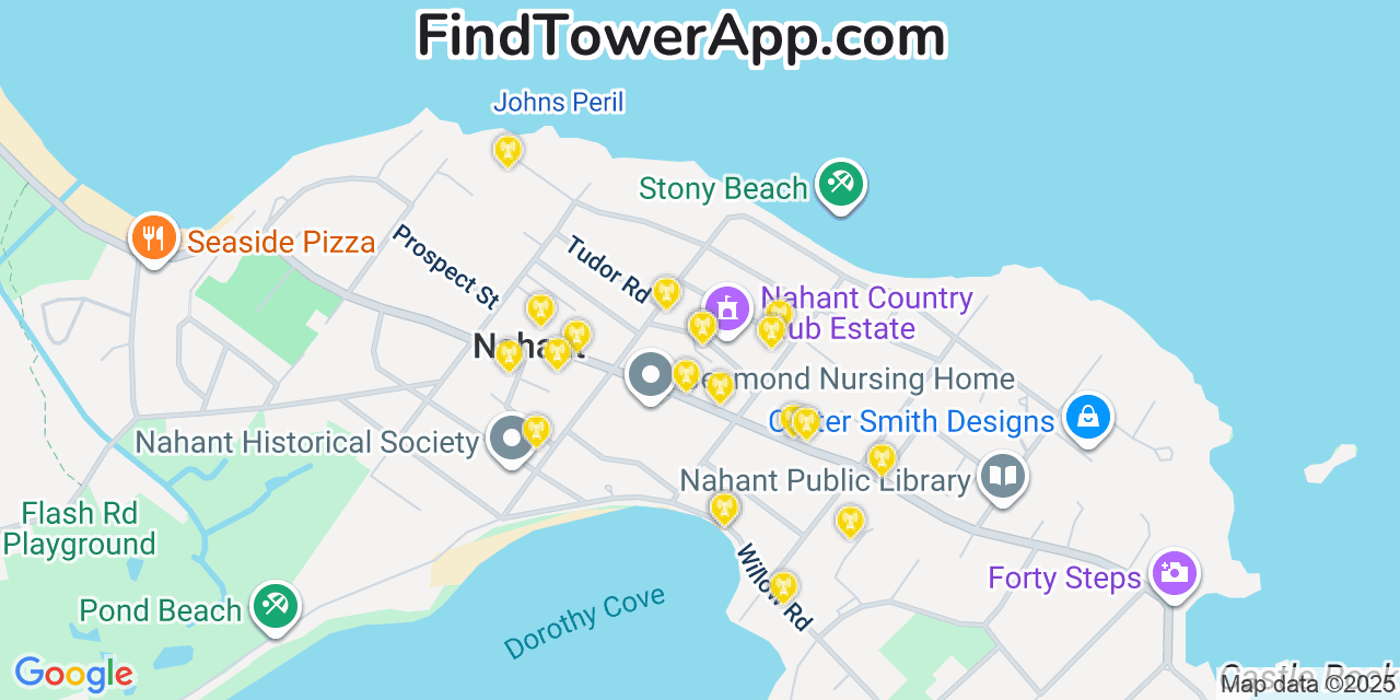 Map showing the 20 primary cell tower locations detected in Nahant, Massachusetts from AT&T, Verizon, and T-Mobile networks