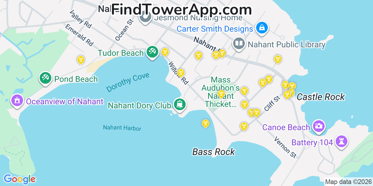 Map showing the 20 primary cell tower locations detected in Nahant, Massachusetts from AT&T, Verizon, and T-Mobile networks